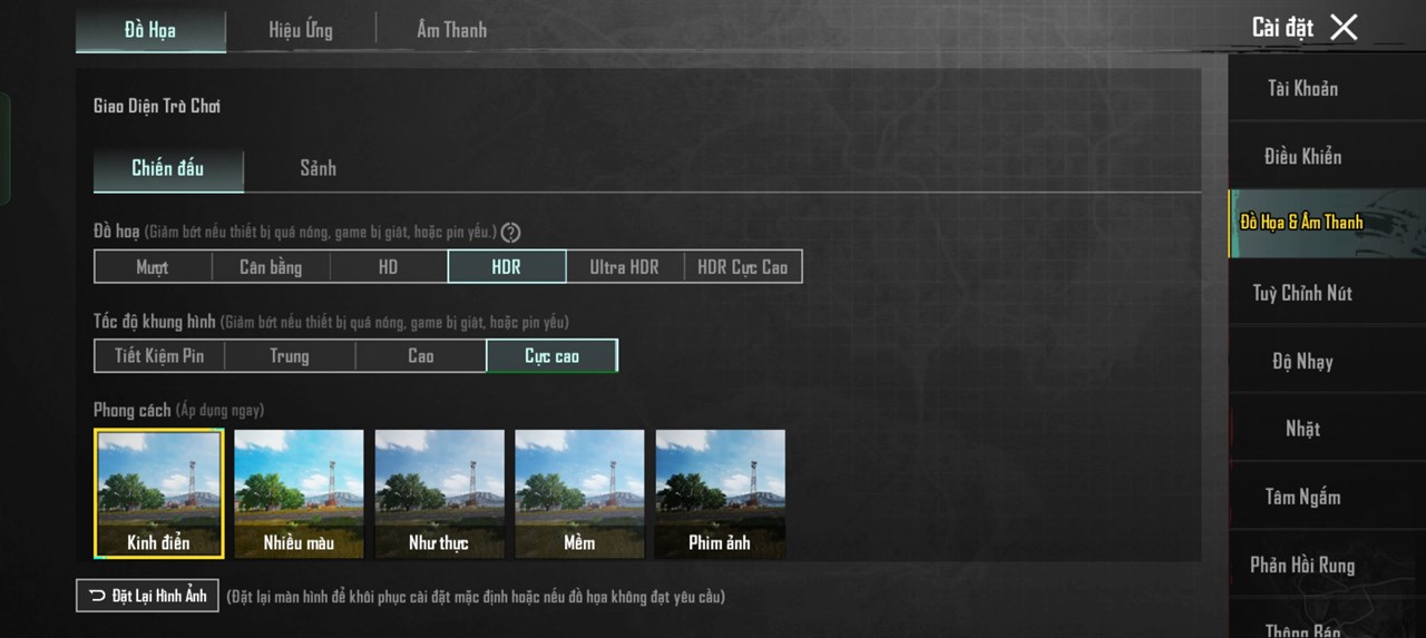 Thiết lập đồ họa PUBG Mobile mà mình đã đặt trên OPPO Reno11 5G.