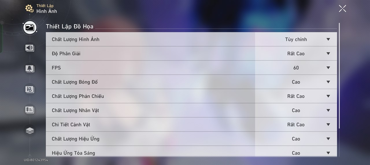 Thiết lập đồ họa Honkai: Star Rail mà mình đã đặt trên OPPO Reno11 5G.