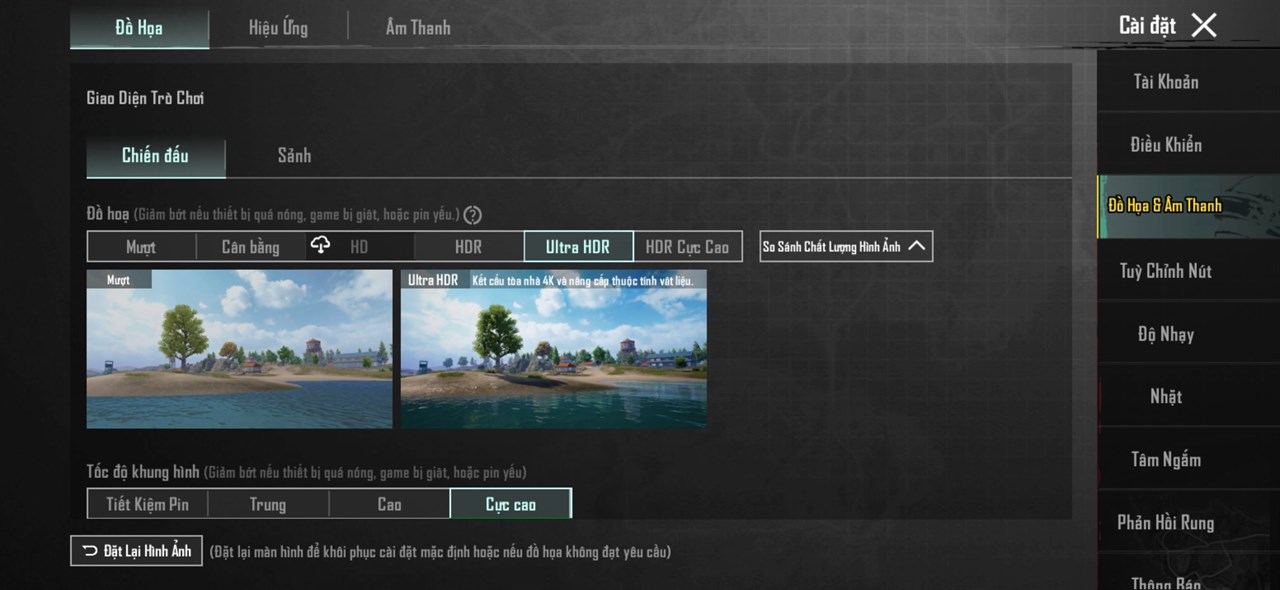 Thiết lập đồ họa PUBG Mobile mà mình áp dụng trên Galaxy S24 Ultra.