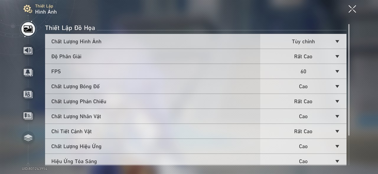 Thiết lập đồ họa Honkai: Star Rail mà mình đặt trên Galaxy S24.