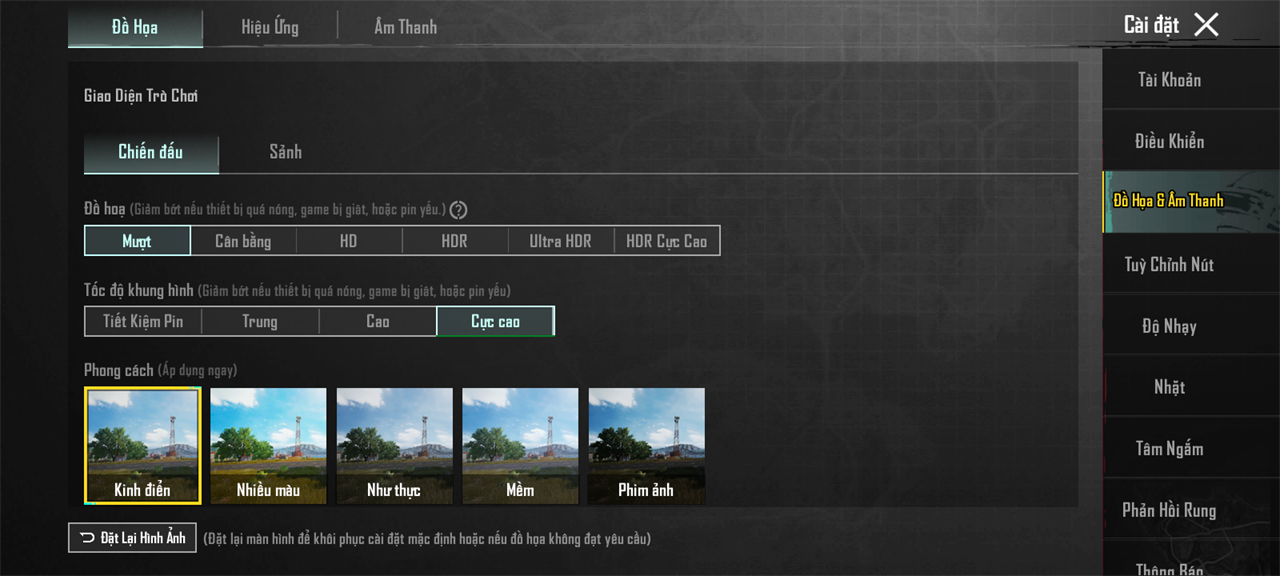 Thiết lập đồ họa PUBG Mobile mà minh đã đặt trên realme Note 50.