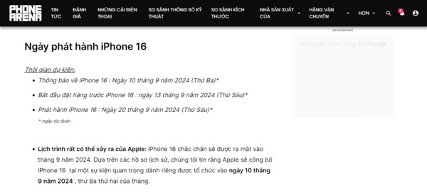 Trích đoạn dự đoán ngày ra mắt của iPhone 16 từ chuyên trang Phonearena 