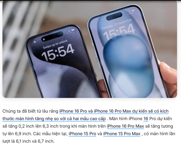 Thông tin do Phonearena đăng tải dự đoán iPhone 16 Pro Max có kích thước màn hình là 6,9 inch