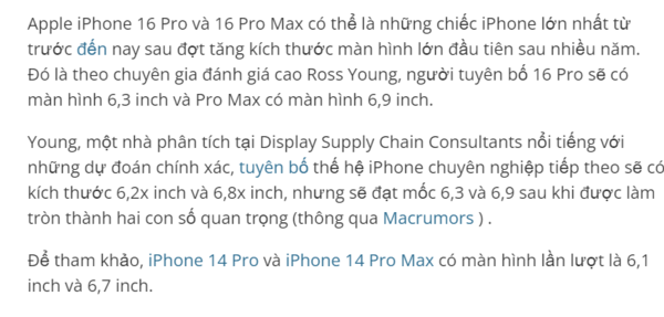 Techradar đã có những dự đoán về sự thay đổi kích thước màn hình iPhone 16 Pro trên bài viết ngày 18/4/2024