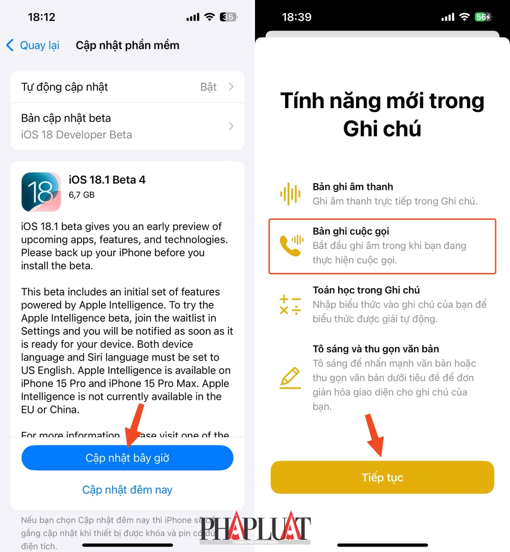 Cập nhật iOS 18.1 beta 4 trên iPhone. Ảnh: MINH HOÀNG