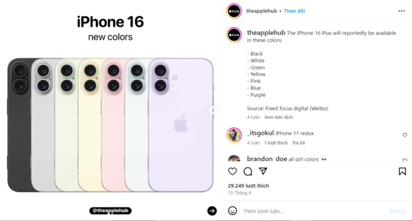 theapplehub - người cung cấp thông tin rò rỉ trên X/Twitter đã chia sẻ lại các tin đồn và cung cấp hình ảnh về bảng màu iPhone 16 Plus