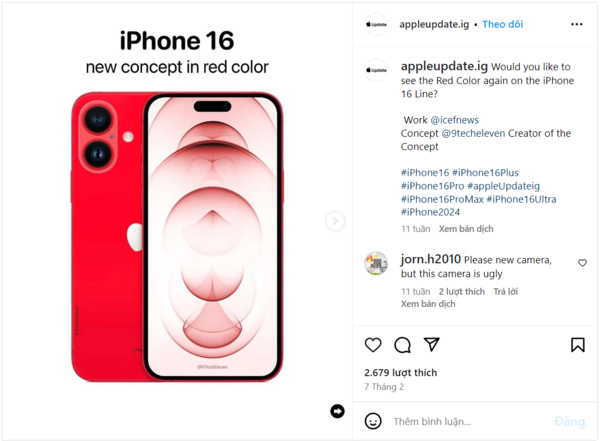 [Dự kiến] iPhone 16 Plus màu đỏ