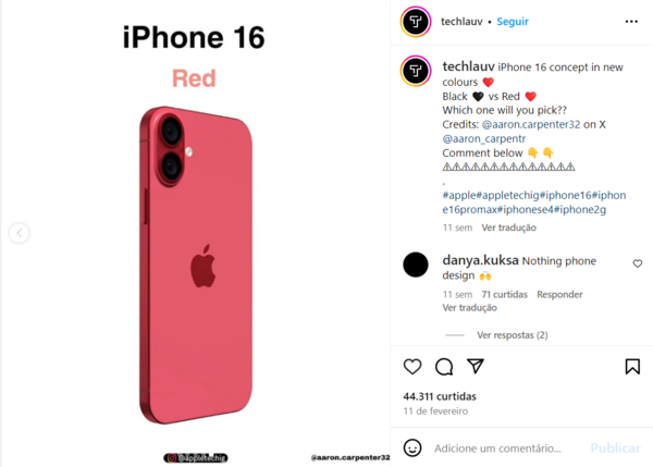 Tài khoản instagram Tech Lauv | Apple News đăng tải hình ảnh iPhone 16 Plus màu đỏ từ tháng 11/02/2024