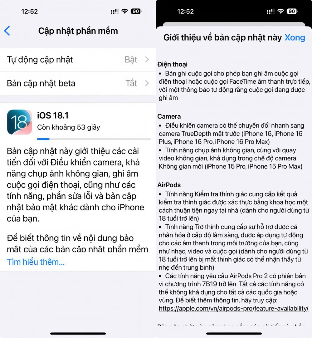 Cập nhật iPhone lên phiên bản iOS 18.1. Ảnh: MINH HOÀNG