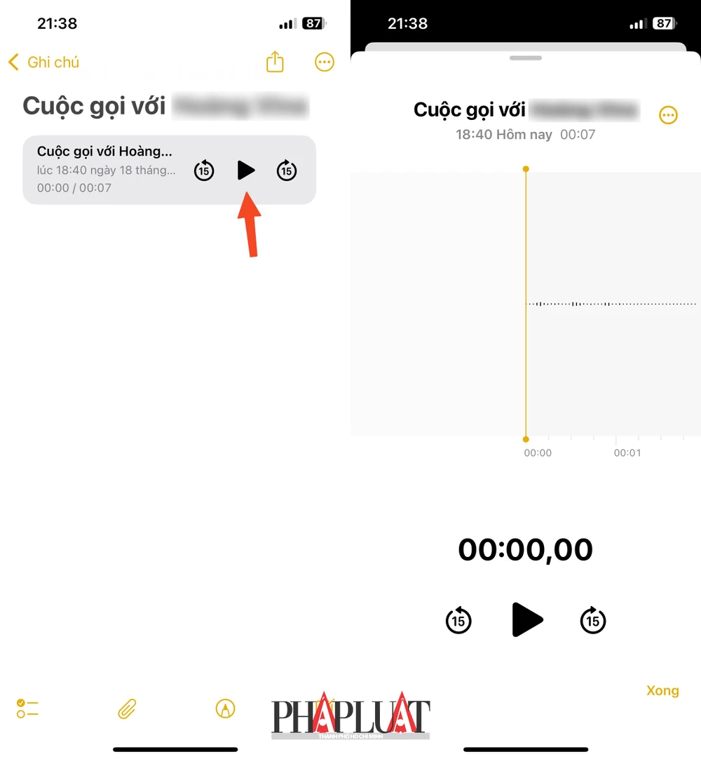 Cách nghe lại file ghi âm cuộc gọi trên iPhone trong ứng dụng Notes (ghi chú). Ảnh: MINH HOÀNG